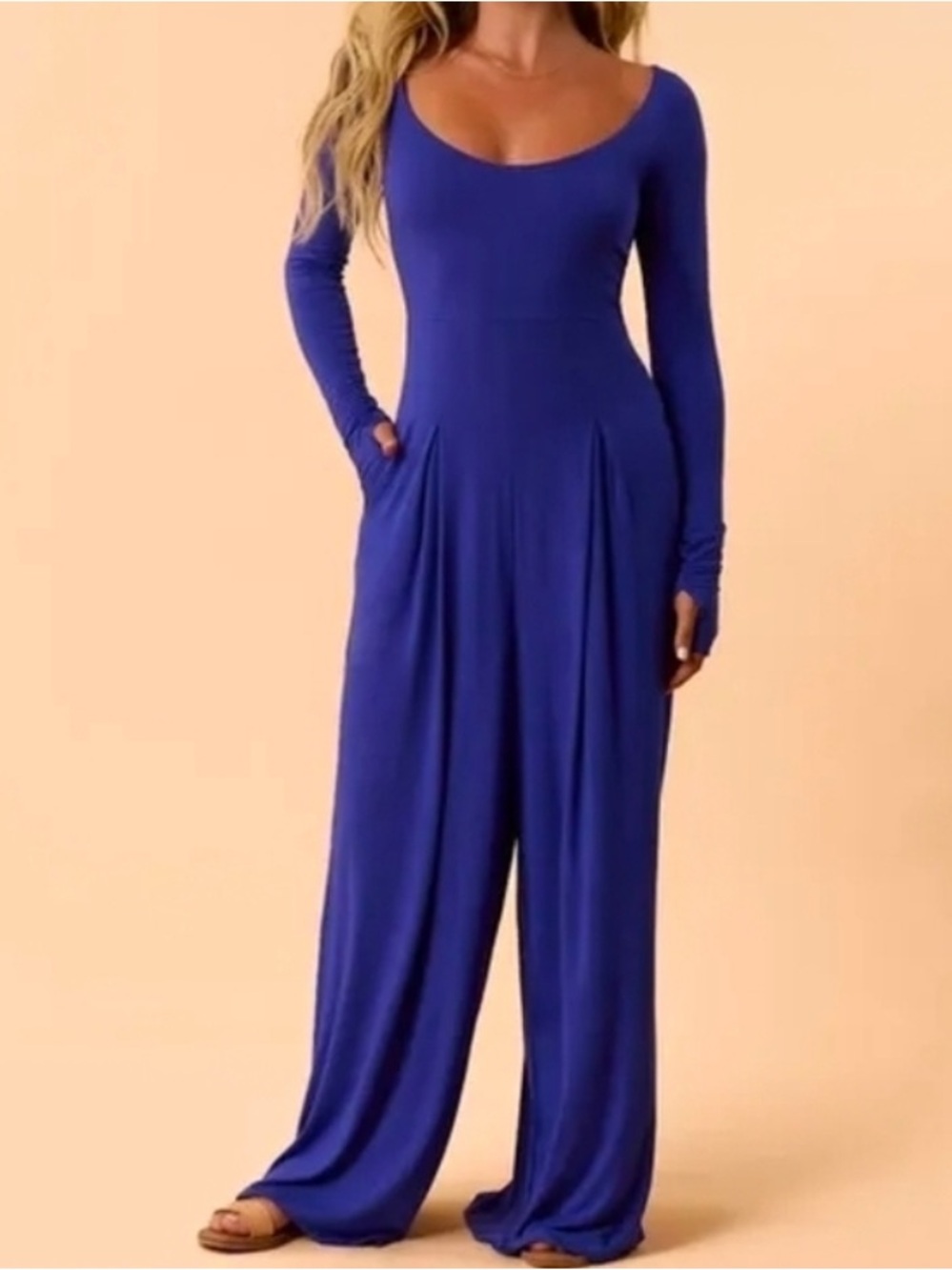 Blogilates Long Sleeve Scoop-Neck Wide-Leg Jumpsuit in Royal Blue
